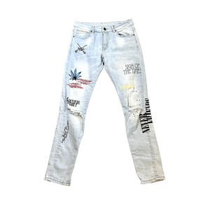 Crysp Denim Jeans Men’s 30 Blue Skinny Distressed Graphic Script Streetwear